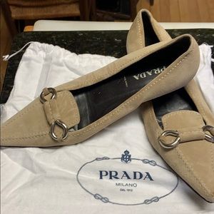 Prada Beige Suede Pointed Flats W Silver Buckles